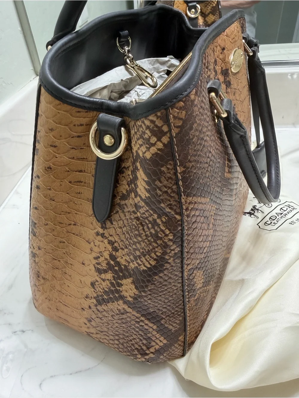 Coach Brown Snake-Print Leather Satchel with Dark Brown Trim